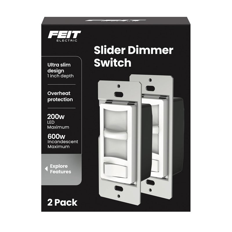 Feit Electric LED Slide Dimmer Switch, Single-Pole or 3-Way Wall Light Dimmer for Dimmable LED & CFL Bulbs, Includes Wall Plate and Wire Nut Installation, DIM/Slide/2, 2 Pack - Image 1